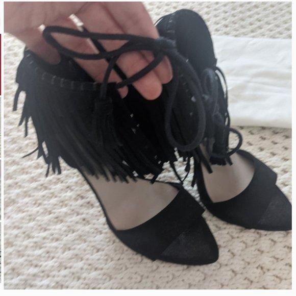 Zara BLACK High Heel Fringe Ankle Strap Sandals - Picture 5 of 8